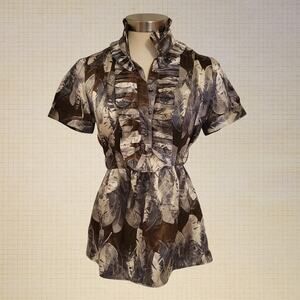 New York & Company Floral Blouse XS Brown Tie Waist Button Up y2k